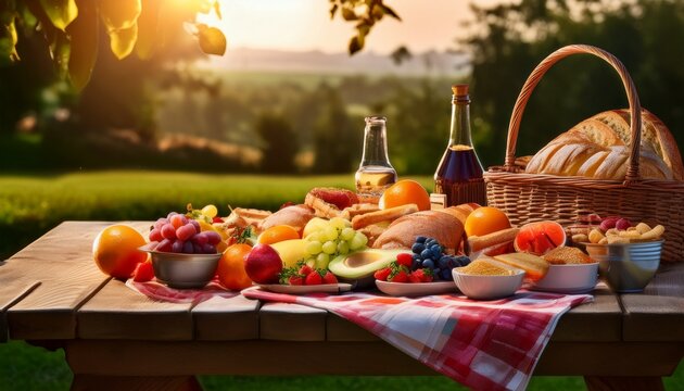fresh and tasty picnic spread with assorted foods