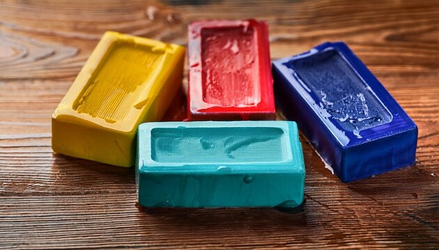 colorful wet printing blocks on wooden surface