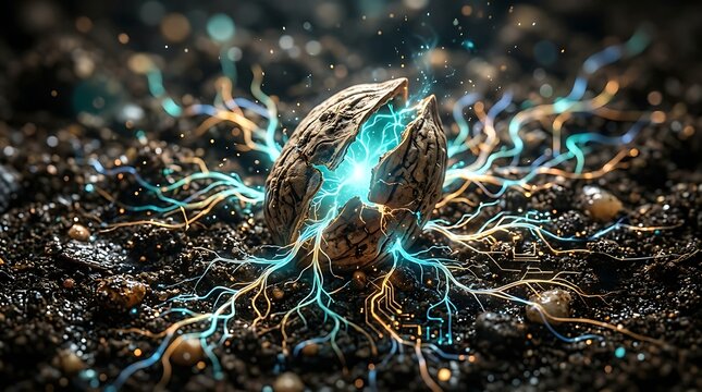 Glowing technological circuit roots emerging from a cracked walnut shell on soil symbolizing organic growth and artificial intelligence
