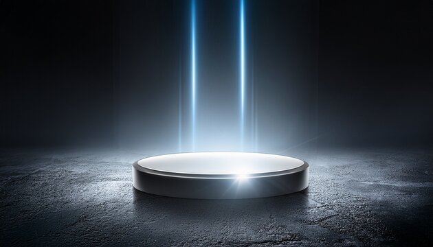glowing disc on concrete surface product display stage soft light shadows tech concept