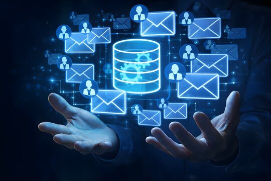 Database email. Automated mail delivery from a server. Businessperson holding mail and database icons.