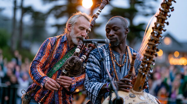 Irish uilleann piper and a Malian kora player share a single microphone on an open-air world music festival stage at dusk, a sea of raised arms beyond the barrier, their sound systems visible, cultu