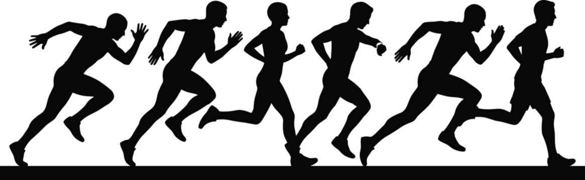 Sequence of male runner silhouettes in various stages of a sprint on a white background running motion