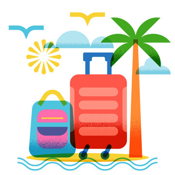 Vector geometric illustration of luggage with suitcase, backpack on palm beach. Travel tourism vacation design concept