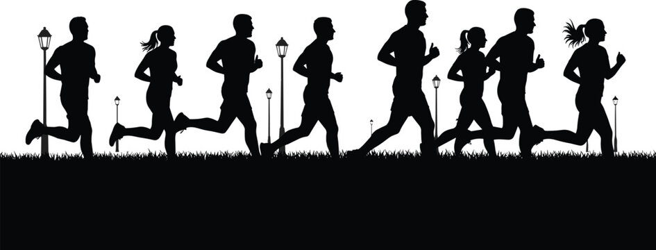 Silhouette of a Group of People Running in a Park with Lampposts and Grass runner human