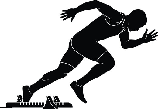 Silhouette of a male sprinter exploding from starting blocks on a white background Keywords: sprinter, running, athlete, silhouette, starting block, track and field