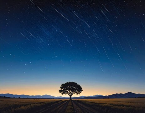 Silhouette tree under meteor shower at twilight