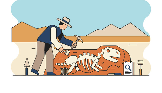 Archaeologist excavating large dinosaur skeleton using tools in desert landscape with mountains and notebook for discovery.