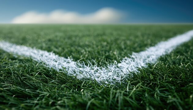 Green grass field with white line markings under a bright blue sky