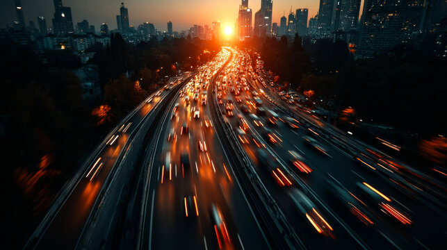 An energetic vision of urban progress and global connectivity. This dynamic highway with glowing light trails leading into a modern metropolis is perfect for transportation concepts.