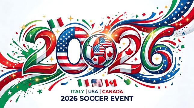 Vibrant 2026 soccer event graphic featuring italy usa and canada
