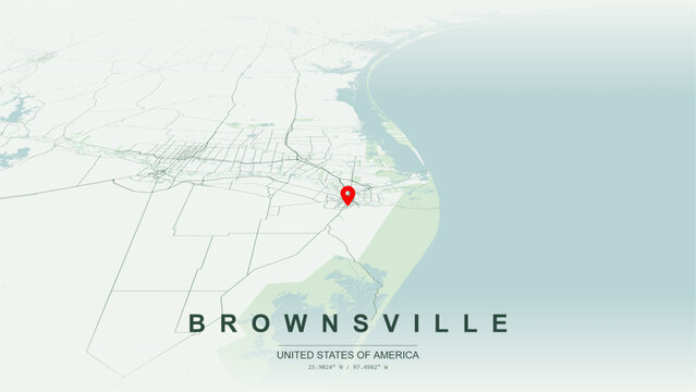 Minimalist vector map of Brownsville, Texas, USA. High-quality scalable illustration of Brownsville city grid, Rio Grande River international border contours, Resacas water channels for posters design