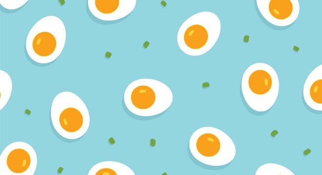 Boiled egg pattern on blue background with chopped green onions featuring healthy breakfast food illustration for kitchen wallpaper and textile printing.