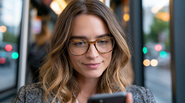 Startup founder in her thirties reviewing ovulation tracking data on a femtech wearable app during a rushed morning commute, urban transit backdrop blurring behind her focused expression, fertility 