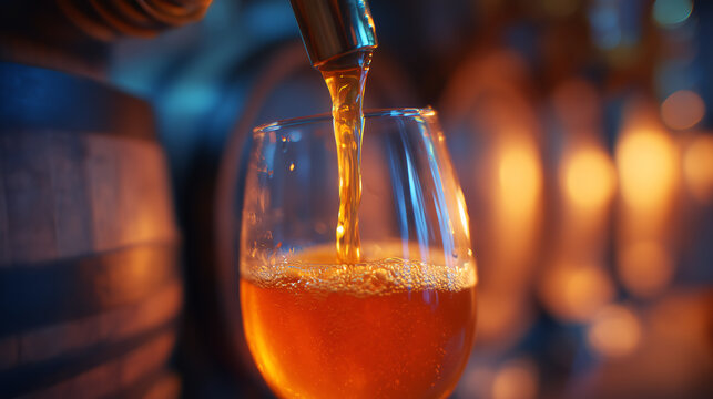 Amber mead streams into a tasting glass inside a meadery cellar with blurred oak barrels and warm bokeh light behind the bubbling pour