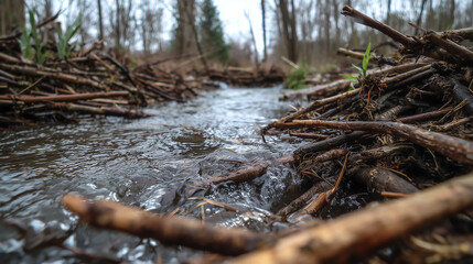 Fototapeta premium Low angle close-up of a woven beaver dam of gnawed sticks and mud spanning a forest stream with water trickling through the open gaps
