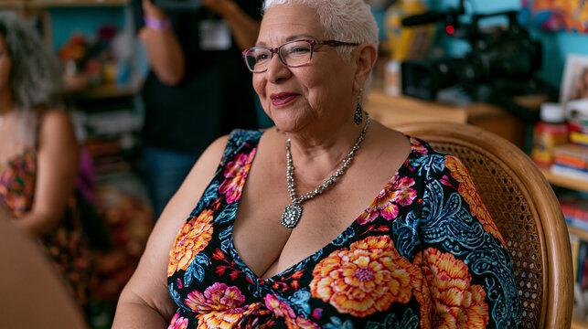 Television documentary crew sets up lighting in a cramped apartment where an elderly Cape Verdean morna singer runs through verses seated in a cane chair, her daughter translating for the director, 