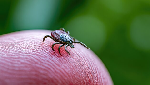 Macro view of a dark tick crawling on a human fingertip