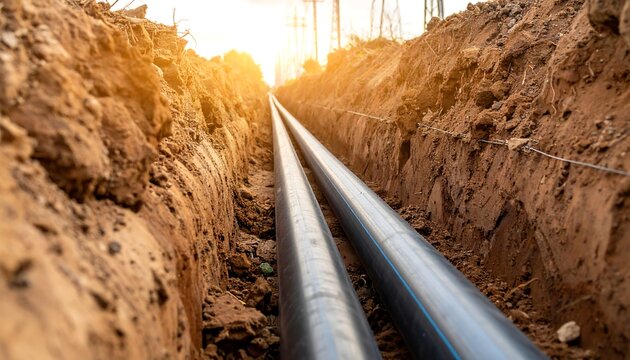 A close-up view of two parallel pipes laid in a trench with dirt walls and sunlight