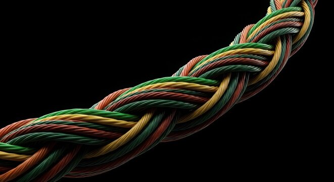 Closeup of a thick, braided rope made of colorful green, yellow, and red textured strands