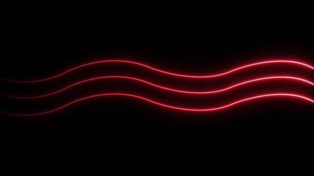  Red Bent  neon 3 laser line on a black background. glowing horizontal neon lines streaming across on the screen. Abstract beautiful Red neon line background
