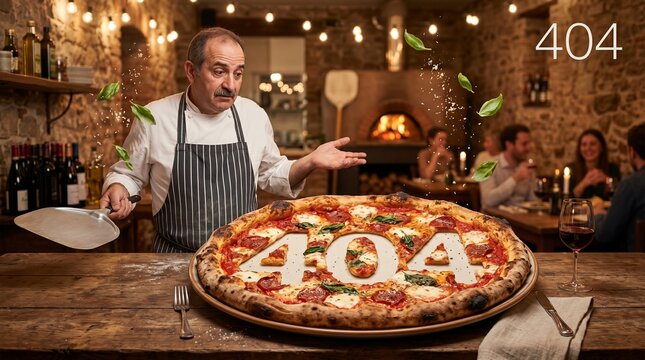 Confused Pizza Chef Facing 404 Error Pizza Design in Rustic Italian Restaurant Interior Humorous Food Service Failure Concept