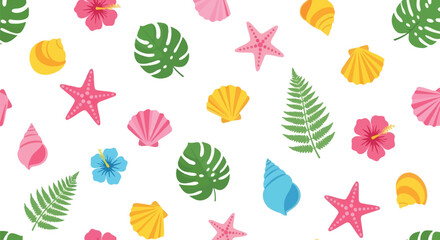 Tropical seamless pattern with vibrant monstera leaves, fern, hibiscus flowers, seashells, and starfish on white background. © shamim