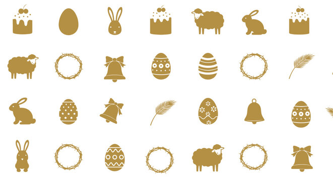 Easter holiday icons in gold seamless pattern vector set of bunnies eggs cakes sheep bells wreaths palm branches and crown of thorns.