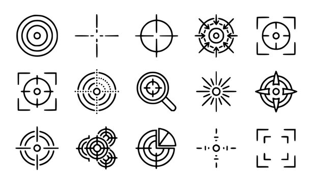 A professional outline icon set representing school geometry shapes, mathematics equations, physical measurement tools, and drafting design. Minimal vector line art illustrations isolated on a white b
