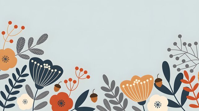 Decorative floral border with hand drawn flowers and leaves in autumn colors