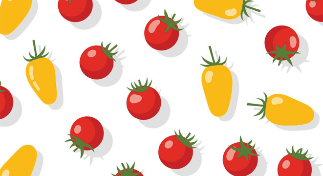 Fresh tomatoes and bell peppers pattern red and yellow vegetables with green leaves shadows isolated on white background healthy food.