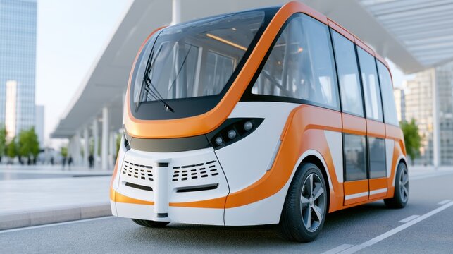 Electric autonomous shuttle with orange and white design parked at a modern urban smart station surrounded by contemporary architecture and greenery