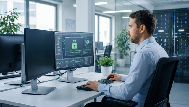 It professional working on cybersecurity task at dual monitor workstation in modern office