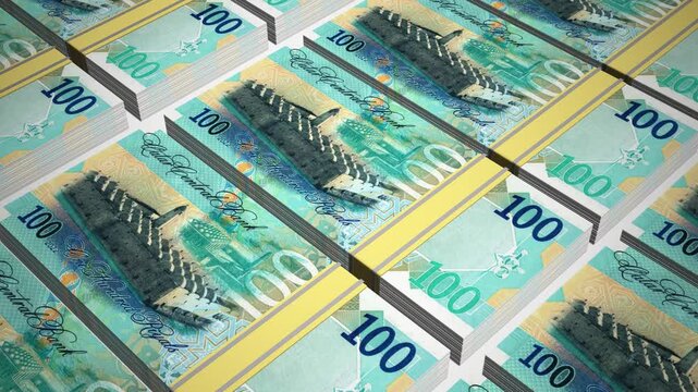 Stacks of 100 QAR or One Hundred Qatari Riyal banknotes or currency. Neat Rows of Qatar 100 Riyal Bank note in 3D Motion. 4k Animation.