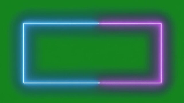 Neon rectangle border frame icon vector with glowing blue and purple light on green screen