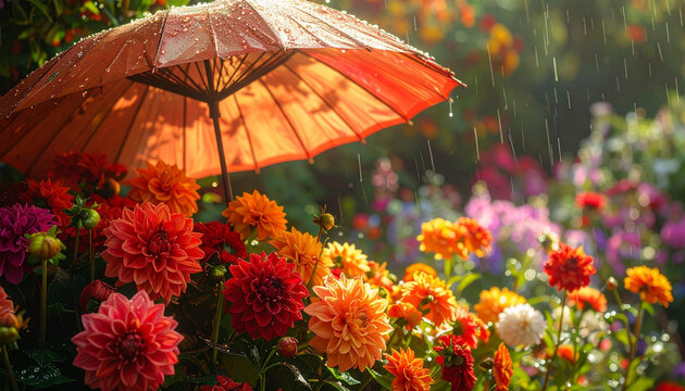 Orange umbrella in the rain over colorful flowers