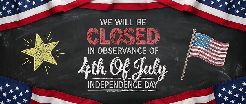 We will be closed in observance of 4th of july independence day american flags and star on chalkboard.