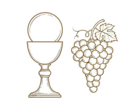 Detailed line art illustration of eucharist chalice with holy bread host and fresh grape bunch for first communion celebration and religious ceremony art.