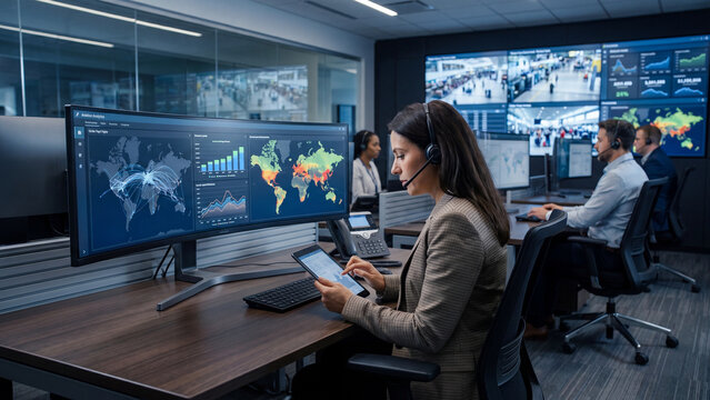 Modern control room with operators monitoring multiple screens showing data visualizations and surveillance feeds
