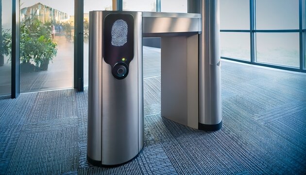 fingerprint access verified on modern turnstile biometric security entrance office lobby authentication