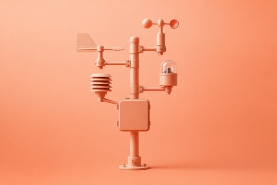 Minimal 3D weather station with anemometer wind vane and sensors on coral background
