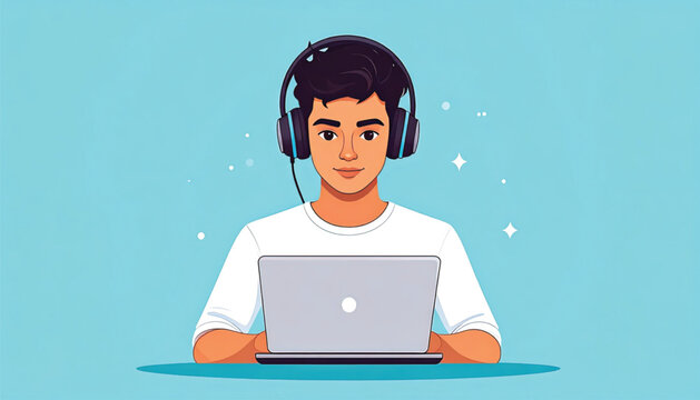 Young man wearing headphones with laptop.