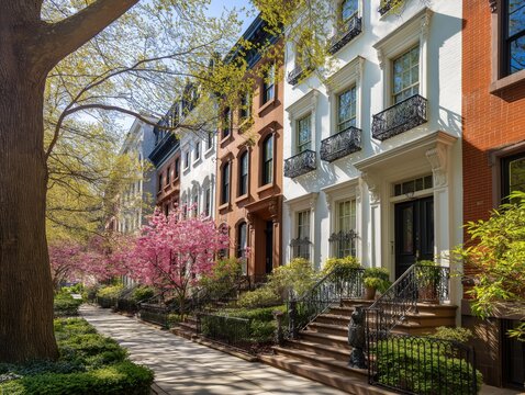 Beautiful row of classic brick townhouses with iron railings lining a quiet tree lined street