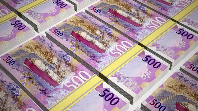 Stacks of 500 QAR or Five Hundred Qatari Riyal banknotes or currency. Neat Rows of Qatar 500 Riyal Bank note in 3D Motion. 4k Animation.