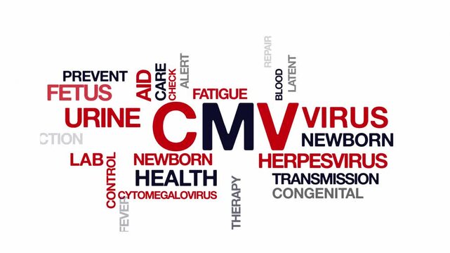 Cytomegalovirus CMV  concept Animated Tag Word Cloud kinetic typography, Text Design Animation typography seamless loop video motion graphics Intro Wordart arrangement red type on white background bg 