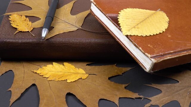 Various types of vintage notepads and dried autumn leaves lie on a black table, family archive, memories.