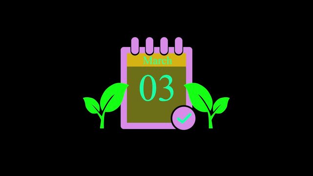 Calendar Icon for March 03 on Black Background, Minimalist Pink Planner Page with Green Leaves and Checkmark Animation for Spring Schedule, Event Reminder, and Corporate Organizer,whit 4k video.