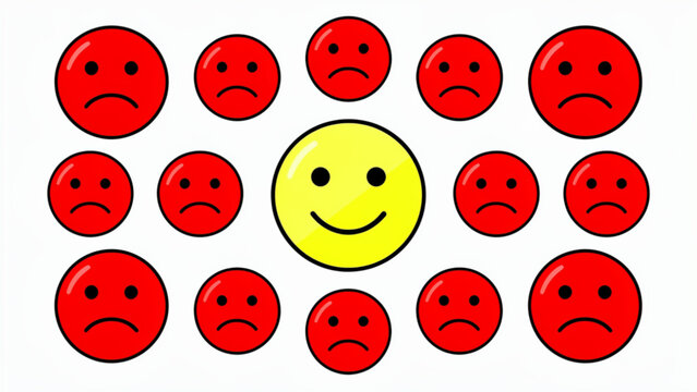 A single happy yellow face stands out amongst many sad red faces.