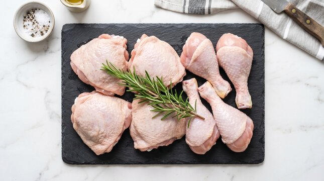 Raw chicken pieces on dark slate board with rosemary. Fresh poultry drumstick and thigh meat arrangement for healthy cooking preparation. Culinary protein ingredient for dinner meal.
