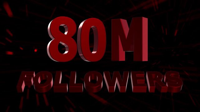 80 Million Followers Celebration Animation. 3D Social Media Milestone with Abstract Motion Lines Background 4K.